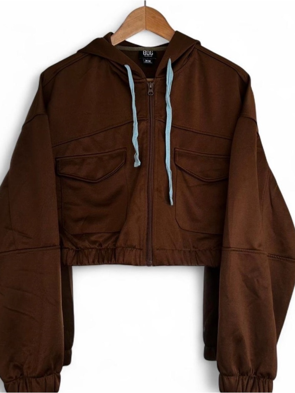 Urban Outfitters Brown Cropped Hooded Jacket with Light Blue Drawstrings - Picture 4 of 6